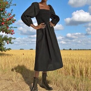 J.Crew Smocked Puff Sleeve Midi Dress in Black